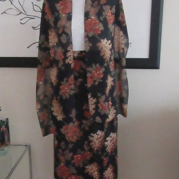 Vintage 1990s black & terracotta floral wrap midi skirt & scarf sz. 16 - Picture 4 of 14